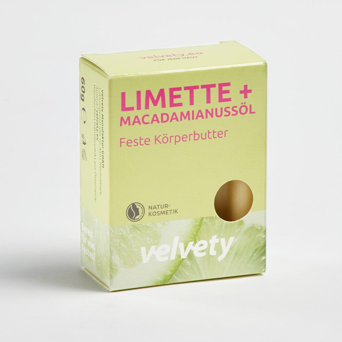 Velvety Feste Körperbutter Limette + Macadamianussöl 60g